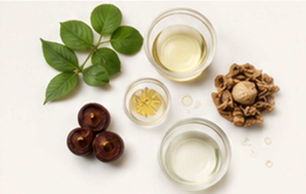 Batana nuts, herbal leaves, dried bhringraj and cold-pressed oils laid out on a cream surface